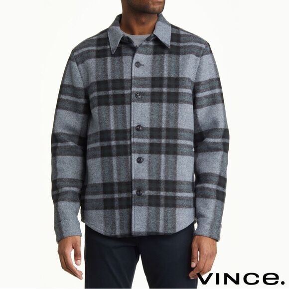 Vince **NWT** Heavy Knit Brushed Flannel Plaid Shirt Jacket in Heather Blue - Picture 2 of 16